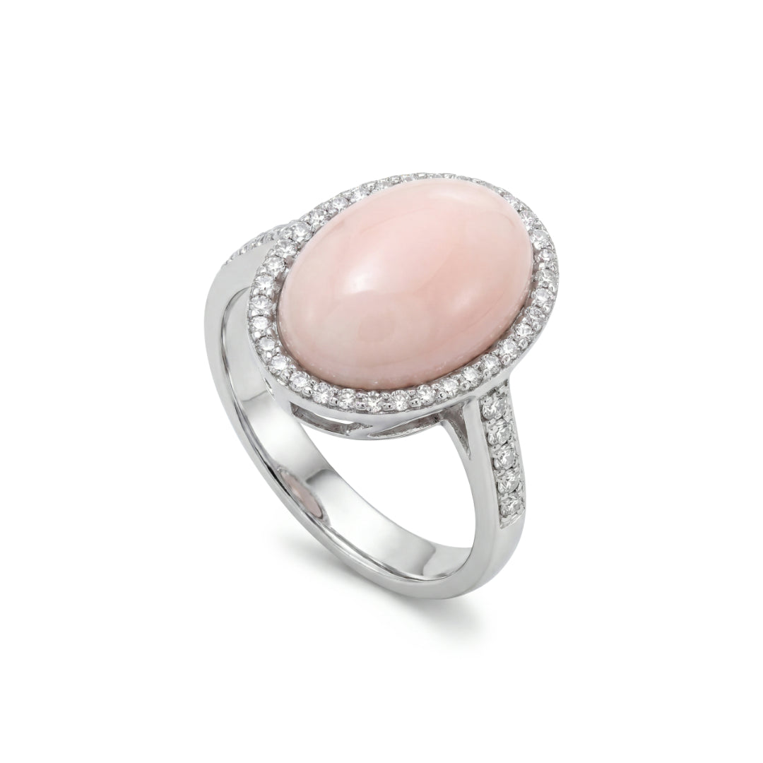 · Anello in Oro Bianco con Corallo Rosa e Diamanti ·
