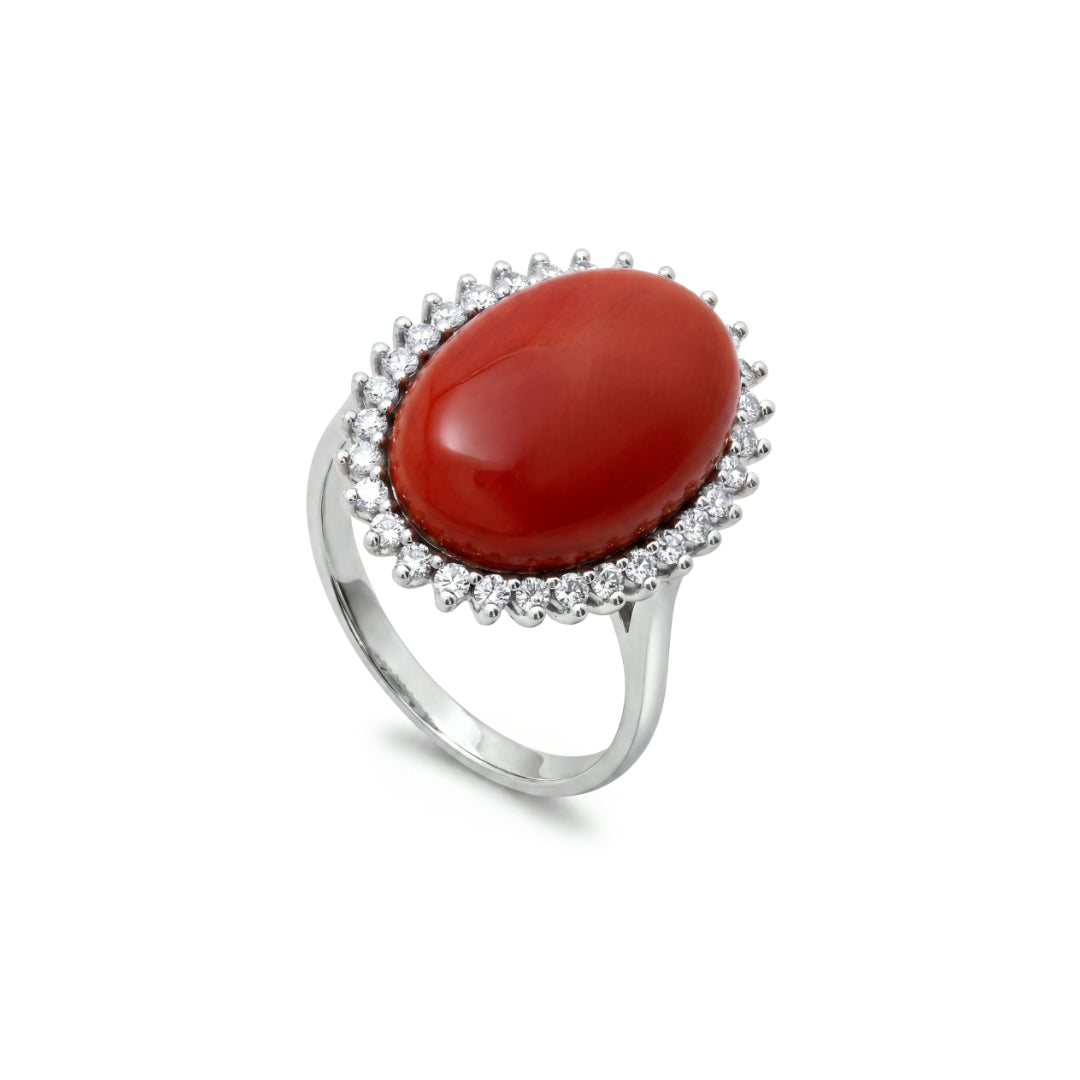 · Anello in Oro Bianco con Corallo Rosso e Diamanti ·