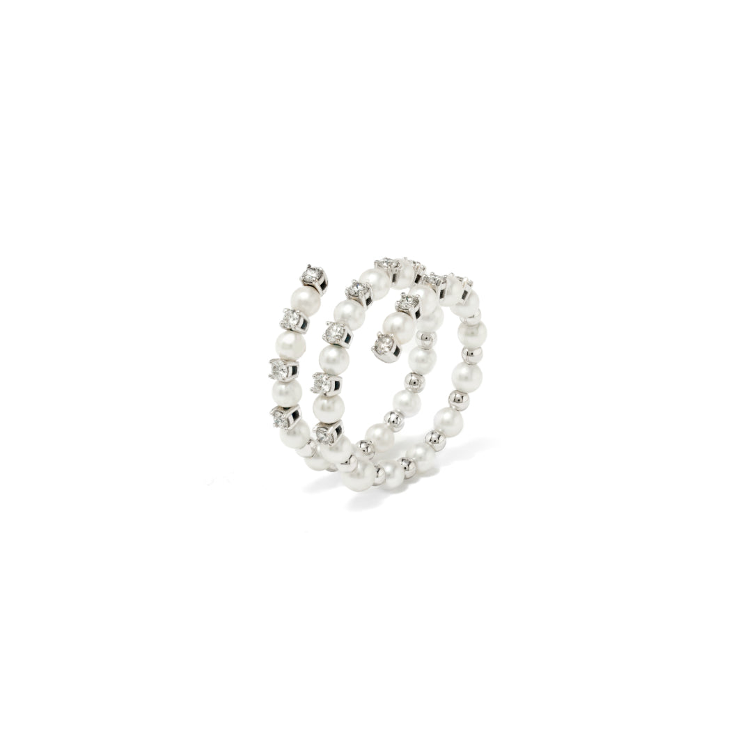 · Anello Modello a Giro in Oro Bianco con Perle Giappone e Diamanti ·