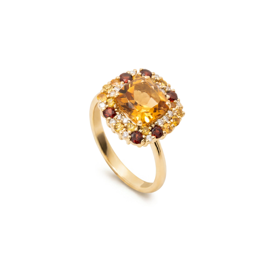 · Anello in Oro Giallo con Citrino, Zaffiri e Diamanti ·