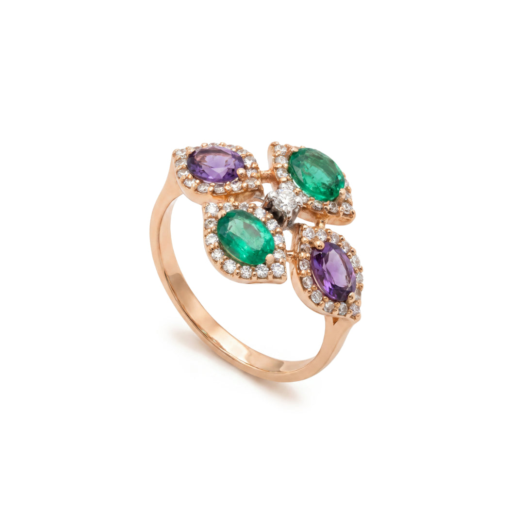 · Anello in Oro Giallo con Smeraldo, Ametista e Diamanti ·