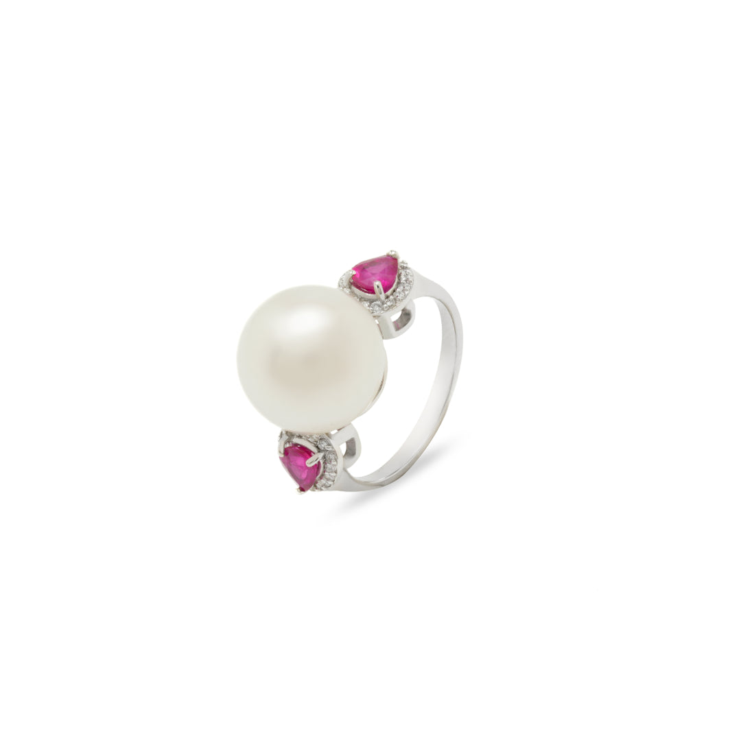 · Anello Giuditta in Oro Bianco con Perla Freshwater, Diamanti e Rubini ·