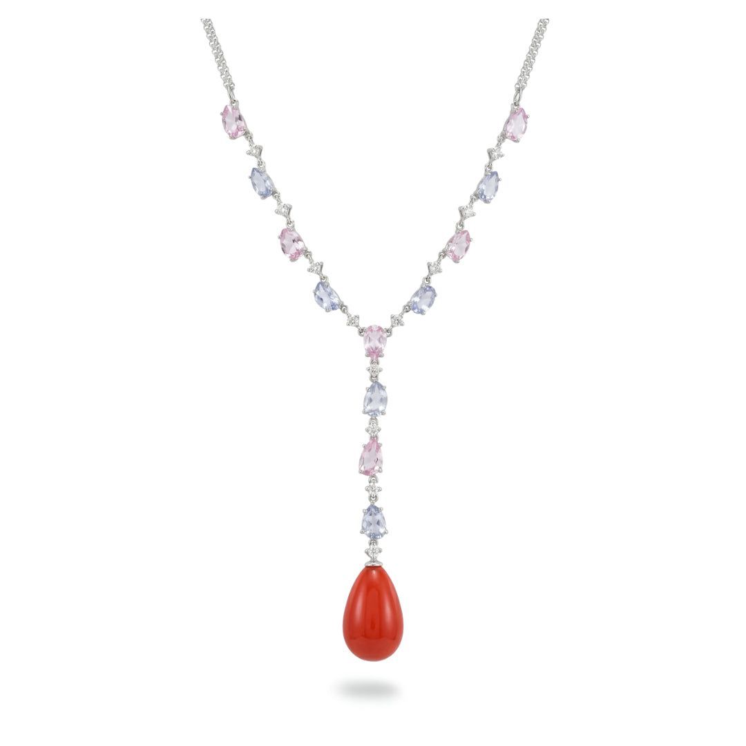 · Collana in Oro Bianco con Corallo Rosso, Zaffiri Colorati e Diamanti ·