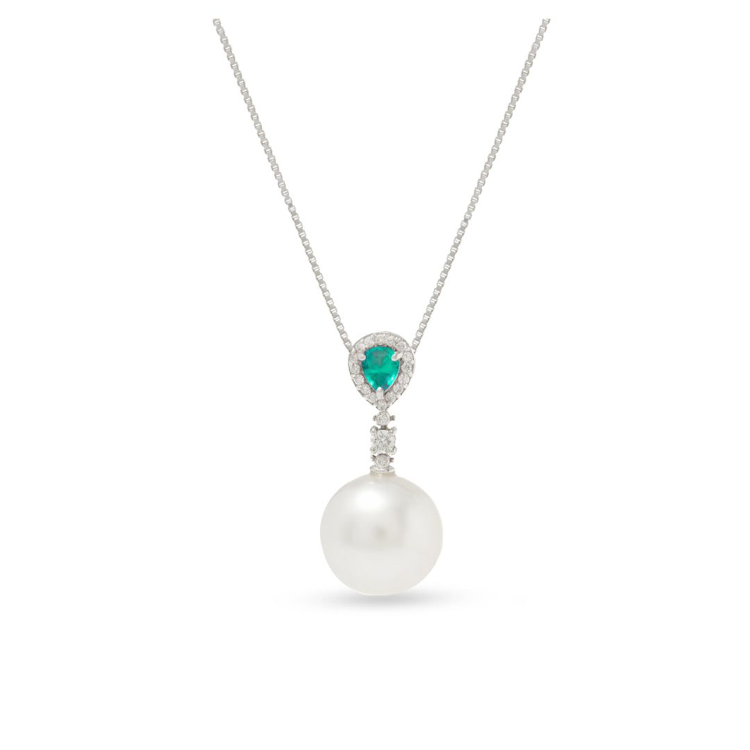 · Collana Giuditta in Oro Bianco con Perla Freshwater, Smeraldo e Diamanti ·