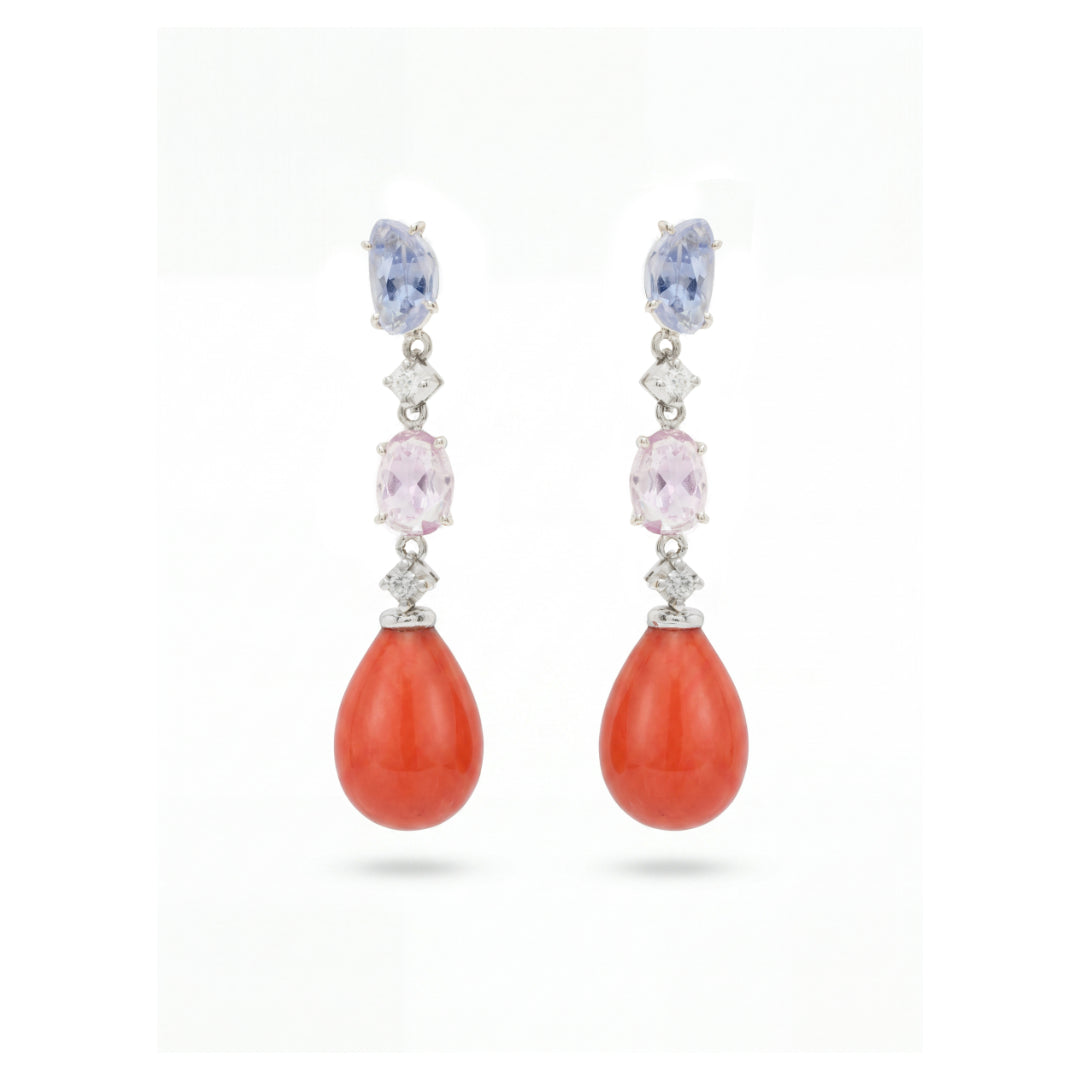 · Orecchini in Oro Bianco con Corallo Rosso, Zaffiri Colorati e Diamanti ·