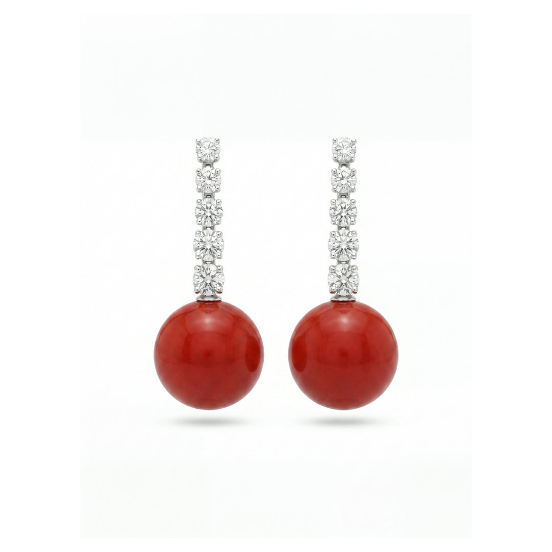 · Orecchini in Oro Bianco con Corallo Rosso e Diamanti ·