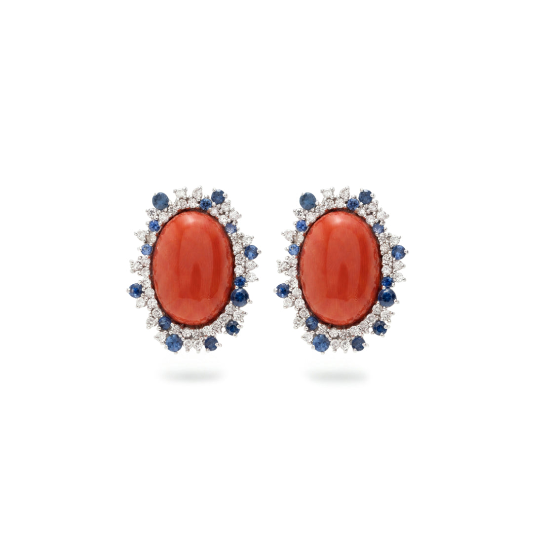 · Orecchini in Oro Bianco con Corallo Rosso, Zaffiri e Diamanti ·