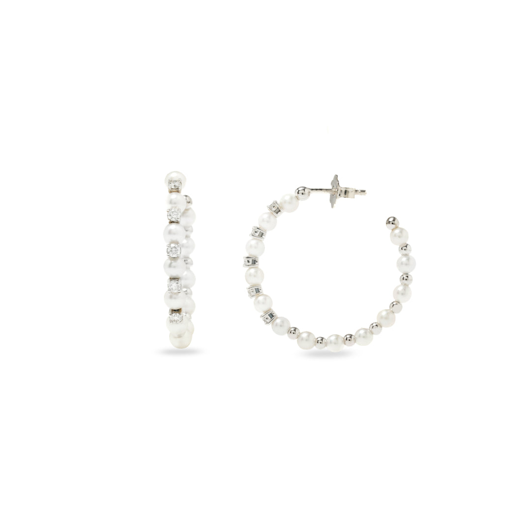 · Orecchini a Cerchio in Oro Bianco con Perle Giapponesi e Diamanti ·