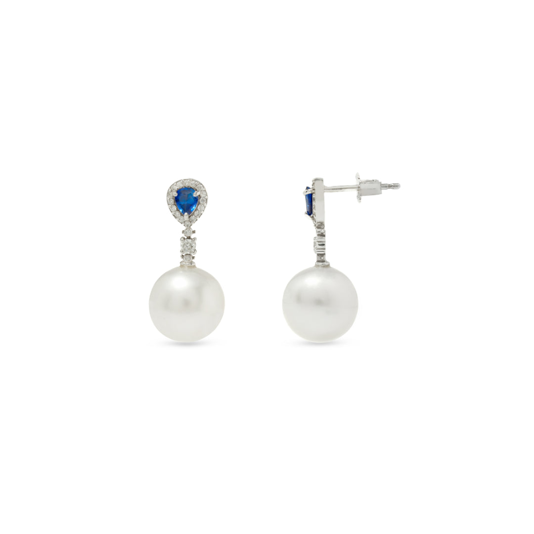 · Orecchini Giuditta in Oro Bianco con Perle Australiane, Zaffiri e Diamanti ·